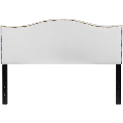 White upholstered queen size headboard with accent nail trim, featuring a soft fabric finish and elegant furniture design.
