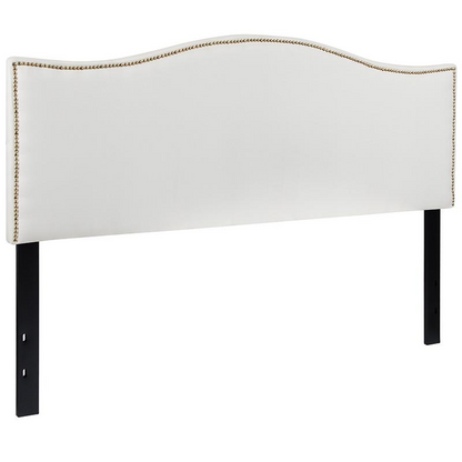 White fabric upholstered queen size headboard with accent nail trim, stylish furniture by Start2Finish.