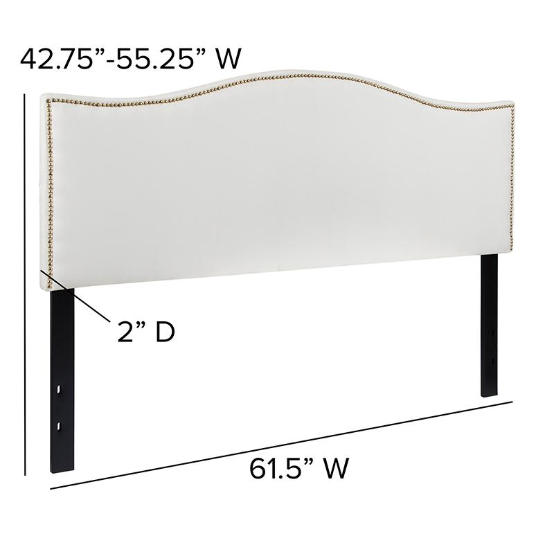 White upholstered queen size headboard with accent nail trim, showcasing soft fabric and elegant design for bedroom furniture.