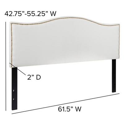 White upholstered queen size headboard with accent nail trim, showcasing soft fabric and elegant design for bedroom furniture.