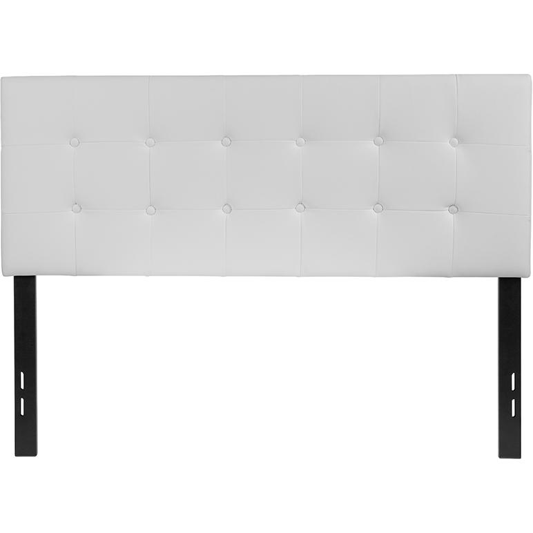 White tufted upholstered full size headboard in vinyl with padded design and button tufting, from Start2Finish.