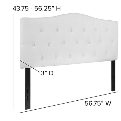 White tufted upholstered full size headboard in fabric, modern furniture piece with padded detailing for bedroom decor.