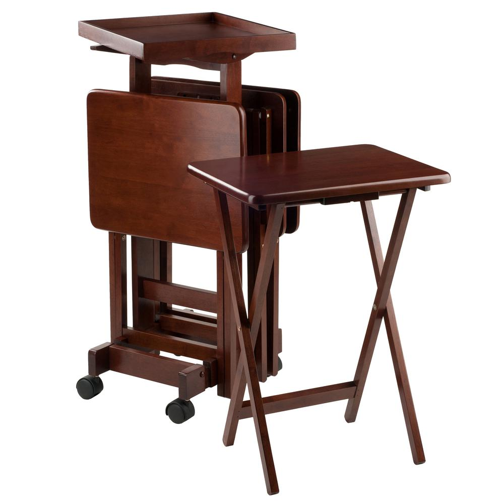 Start2Finish 6-piece walnut snack table set featuring small square tables with wooden surfaces and sturdy legs.