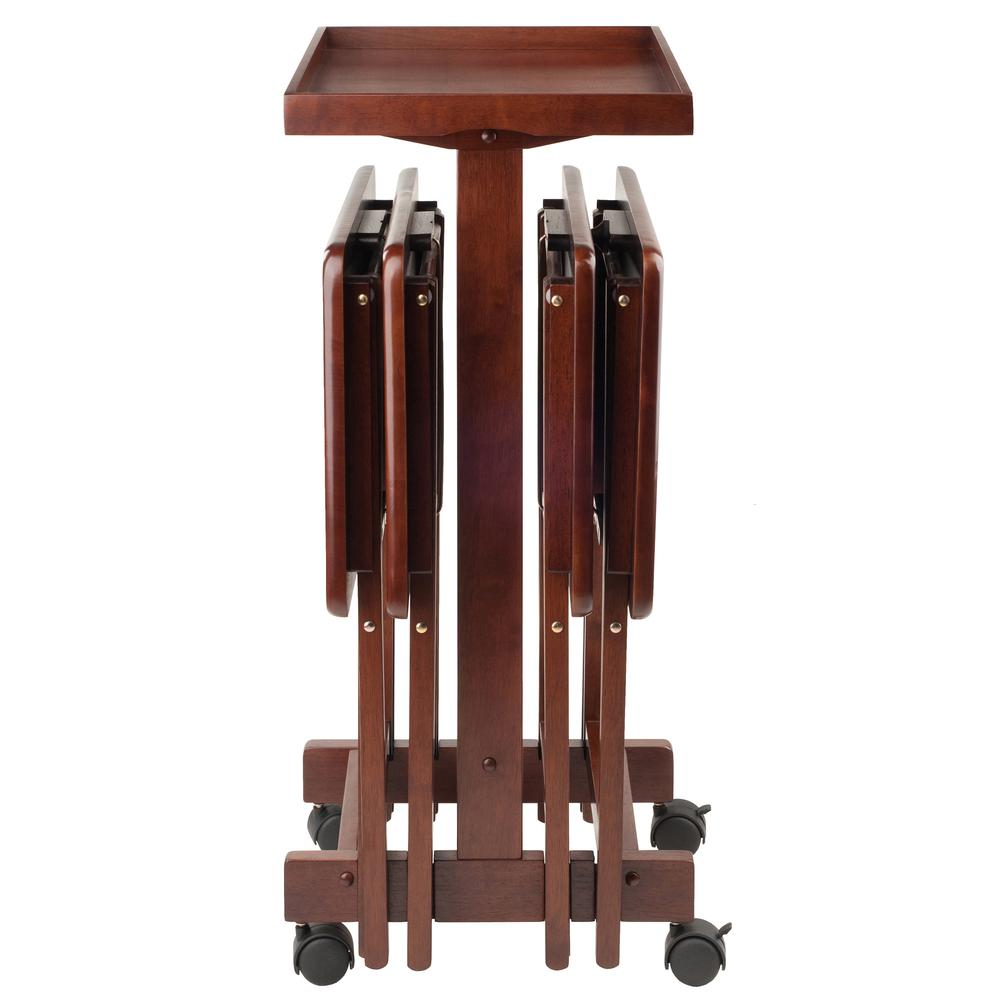 Start2Finish 6-piece walnut snack table set with round tabletops and sleek wooden legs, perfect for casual dining and gatherings.