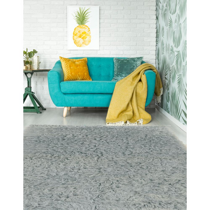 Light grey Flokati rug by Start2Finish, 5x8 feet, plush and soft 1400-gram wool rug for cozy home decor.