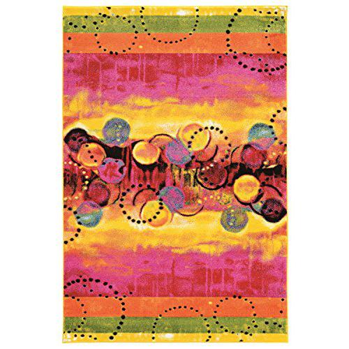 Start2Finish Masters Salsa yellow and multicolor 8x10.3 rug with vibrant geometric patterns and textured fabric.