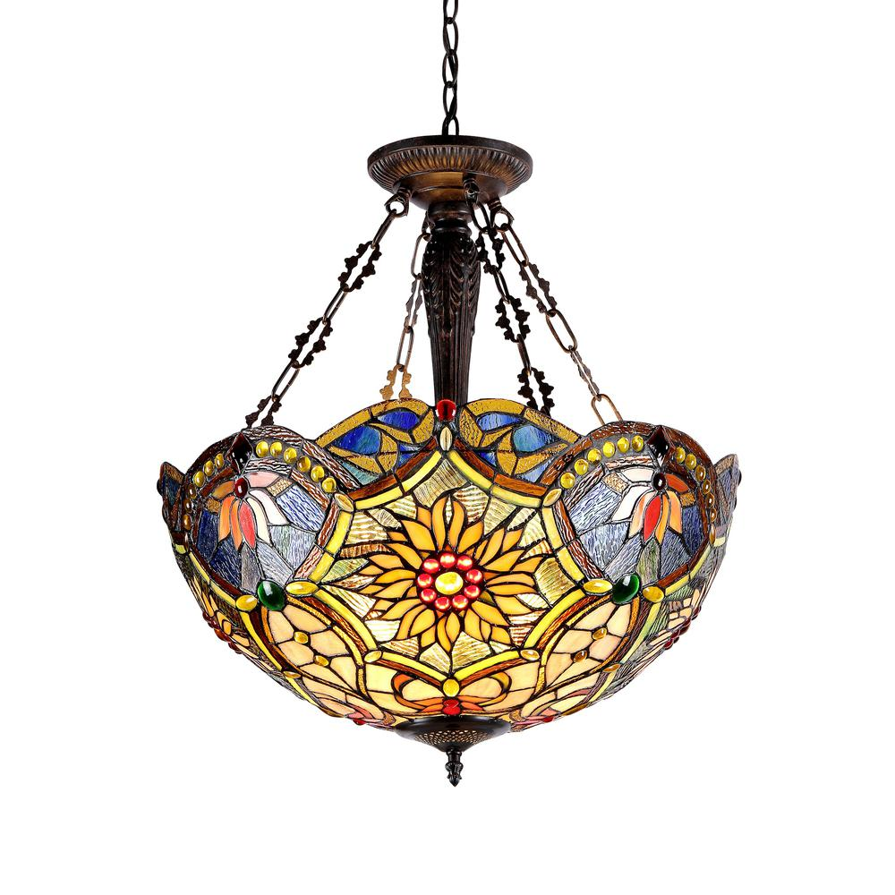 Start2Finish Tiffany-style 3 Light Victorian inverted ceiling pendant with 21-inch stained glass shade, decorative lighting fixture