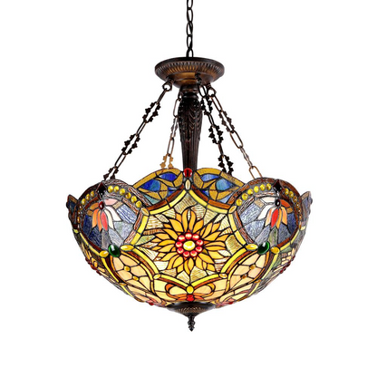 Start2Finish Tiffany-style 3 Light Victorian inverted ceiling pendant with 21-inch stained glass shade, decorative lighting fixture