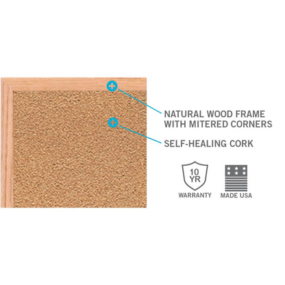 Ghent Natural Cork Bulletin Board with wood frame, 3 feet high and 4 feet wide, ideal for office or classroom organization.