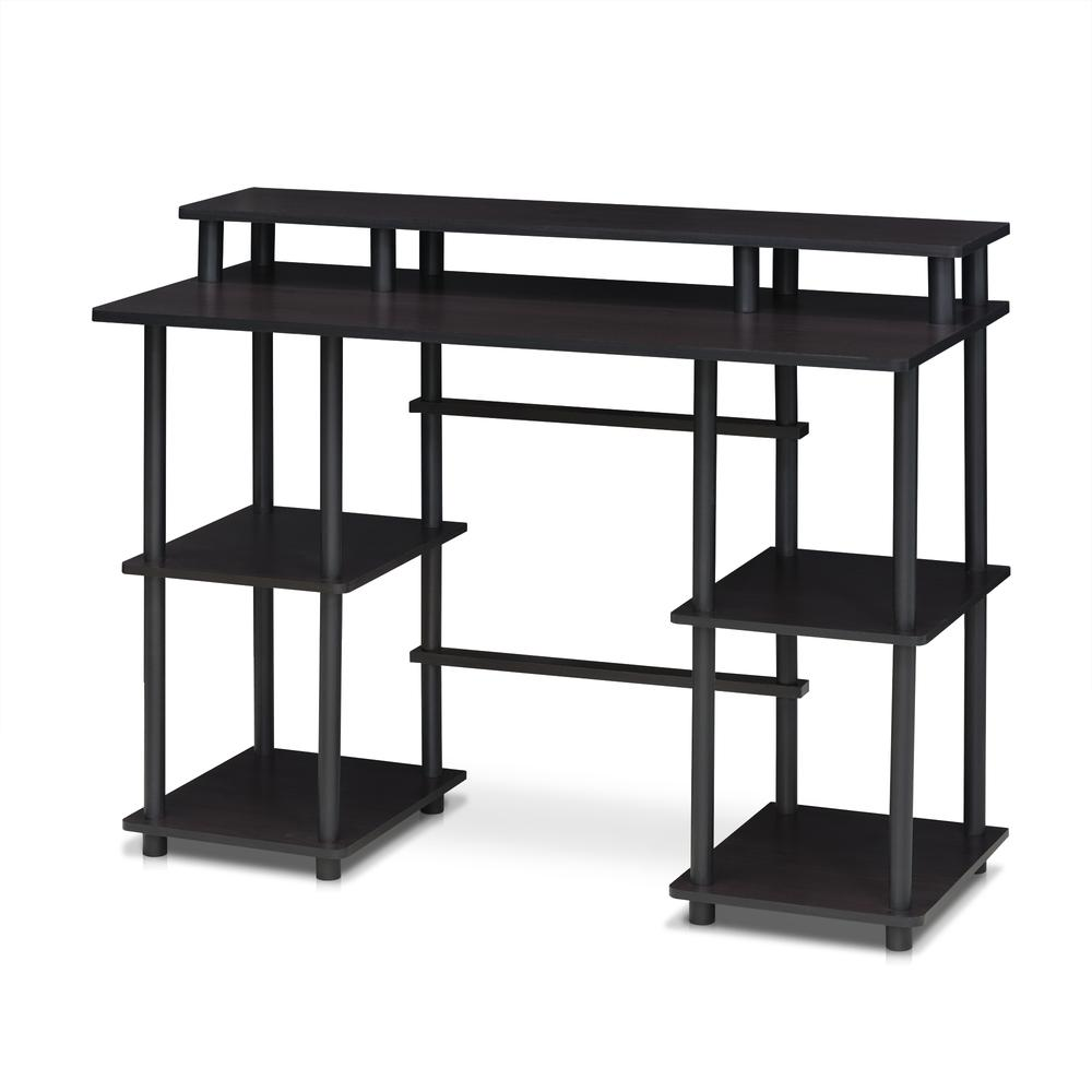 Furinno Turn-N-Tube computer desk with top shelf in espresso and black finish, featuring a compact, modern design for home office use.