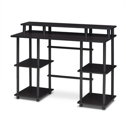 Furinno Turn-N-Tube computer desk with top shelf in espresso and black finish, featuring a compact, modern design for home office use.