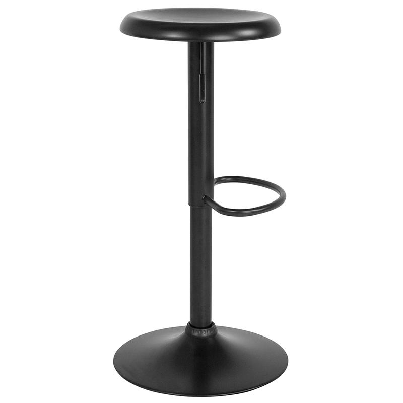 Adjustable height retro black barstool with metal frame and wooden seat, featuring a vintage design and modern functionality.