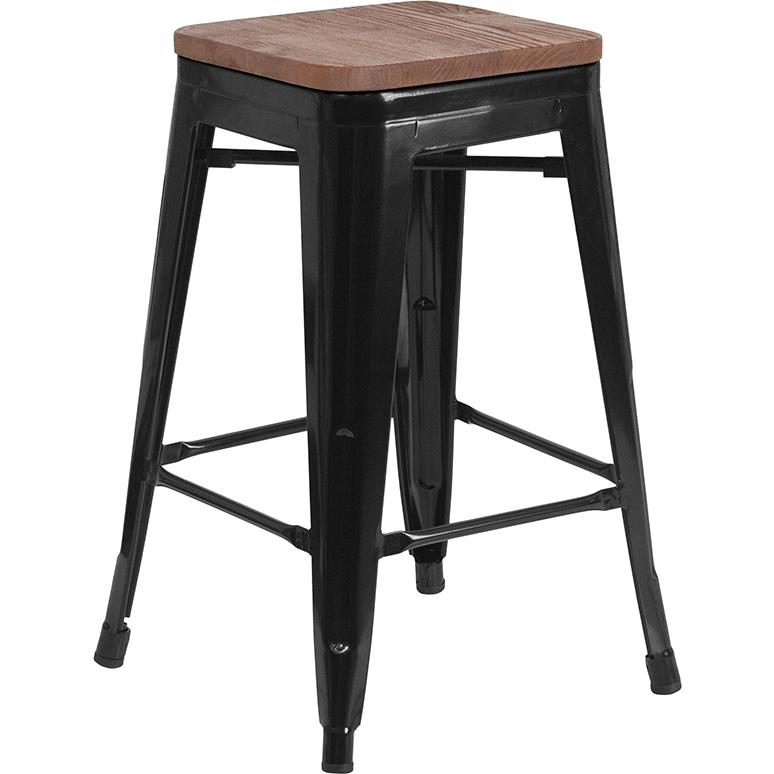 Black metal counter height stool with a 24-inch high backless design and square wood seat by Start2Finish