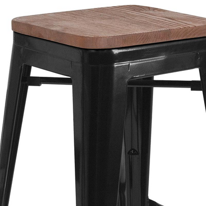 Black metal counter height stool with backless design and square wooden seat, by Start2Finish, 24-inch height.