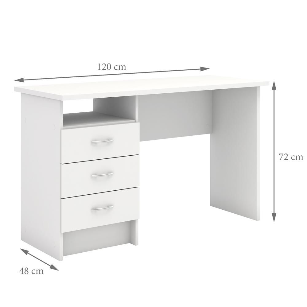 White Whitman desk from Start2Finish featuring three drawers and a smooth tabletop for modern workspace organization.
