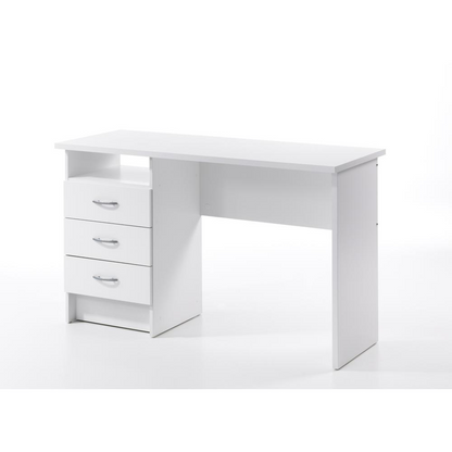 White Whitman desk with three drawers, sleek wooden office desk by Start2Finish, shown in a modern workspace setting.