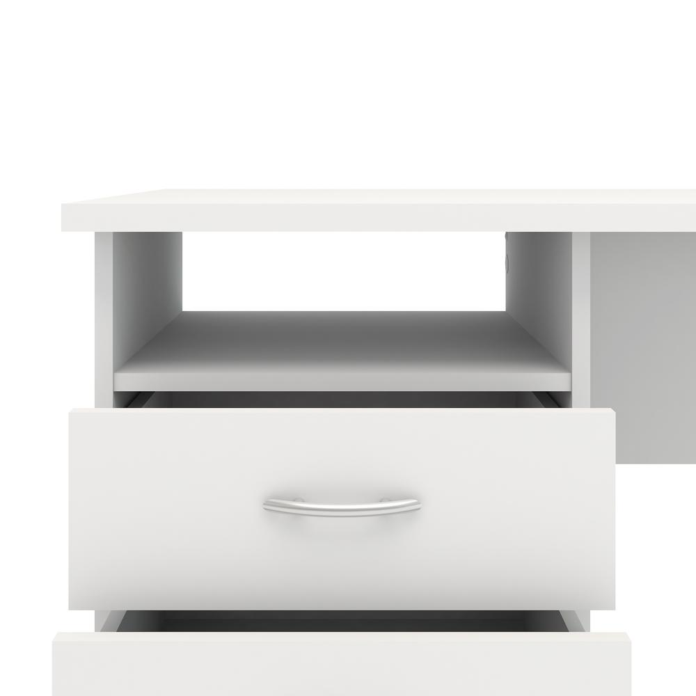 White Start2Finish Whitman desk with three drawers, featuring a sleek design and sturdy construction, ideal for home or office use.