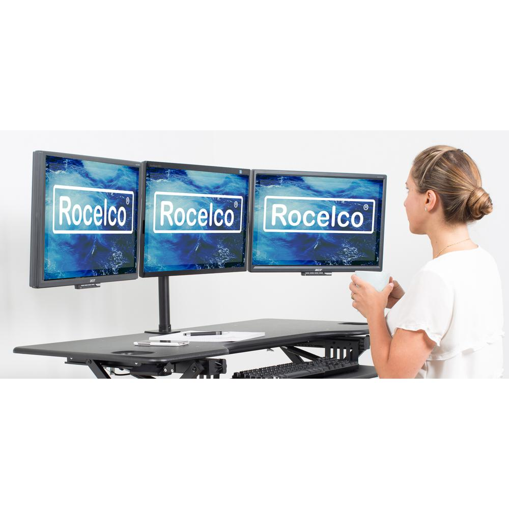 Rocelco Premium Triple Monitor Desk Mount with three adjustable articulated arms, fits 13-27 inch LED LCD screens in black.