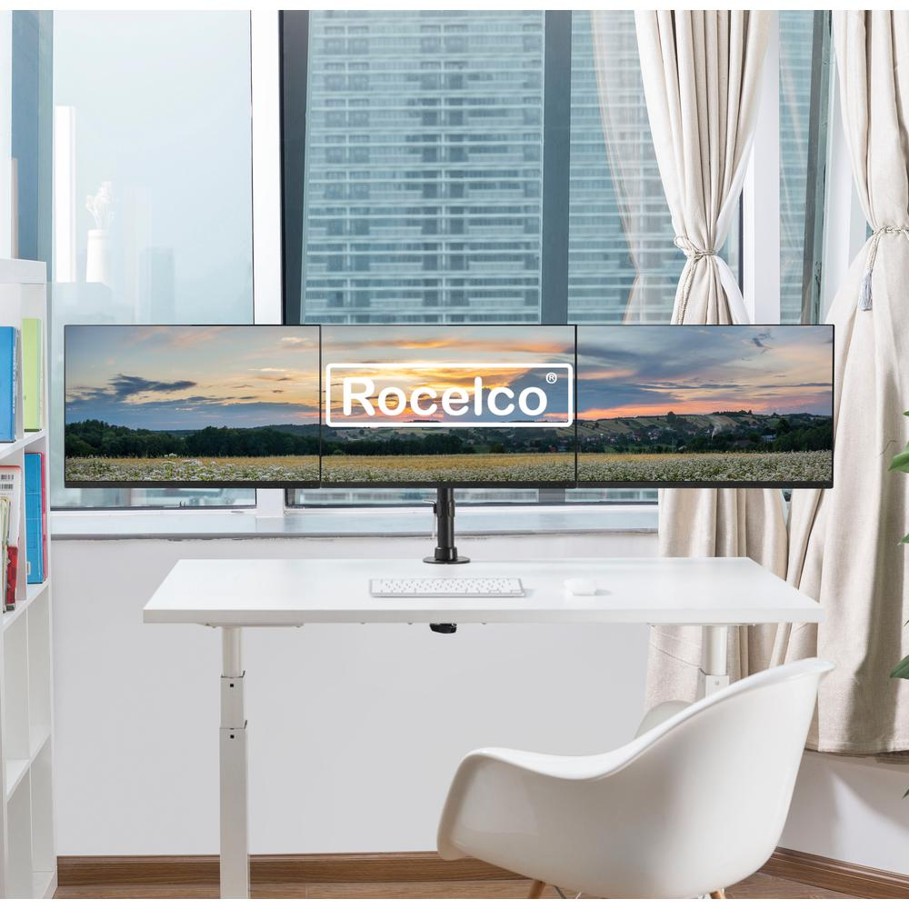 Rocelco Premium Triple Monitor Desk Mount with adjustable arms, VESA pattern for 13-27 inch LED LCD screens in black