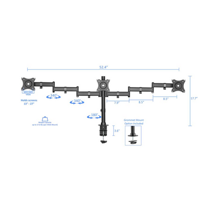 Rocelco Premium Triple Monitor Desk Mount holding three 13-27 inch LED LCD screens with articulated arms in black.