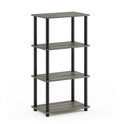 Furinno Turn-N-Tube 4-tier storage shelf in French Oak Grey and Black, made of durable furniture material, assembled without tools