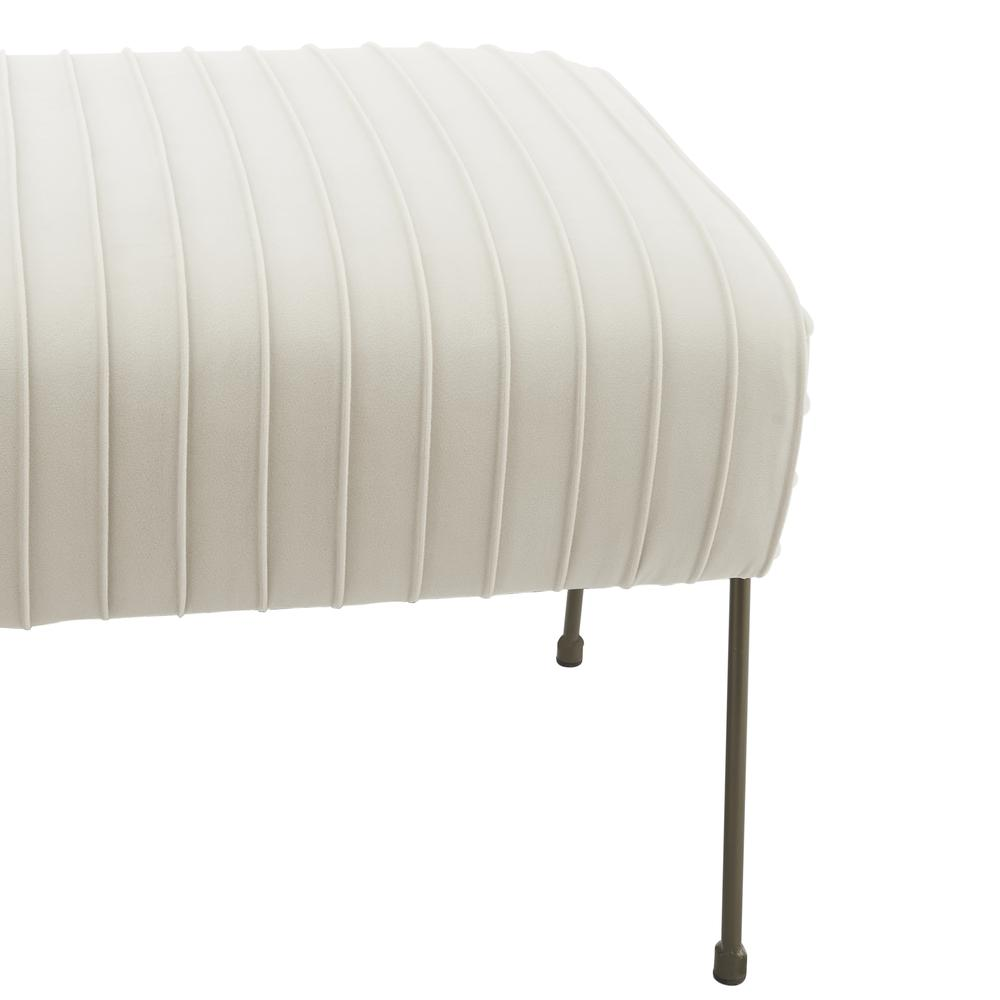 Start2Finish Merritt Velvet Pleated Bench showing a plush, velvet-upholstered furniture piece with pleated design and wooden legs.