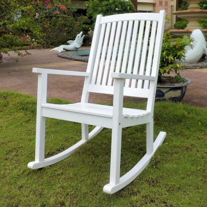 Start2Finish Acacia large rocking chair with wooden frame and cushioned seat, showcasing its comfortable, rustic furniture design.