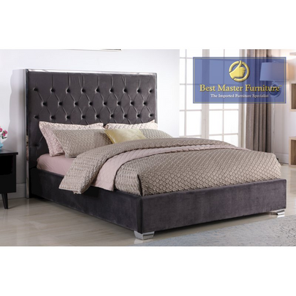 Dark gray Best Master Kressa Velour Fabric Cali King Platform Bed by Start2Finish with tufted headboard and sleek modern design.