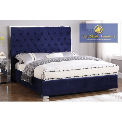 Start2Finish Best Master Kressa Velour Fabric Tufted East King Platform Bed in blue with upholstered headboard and tufted design.