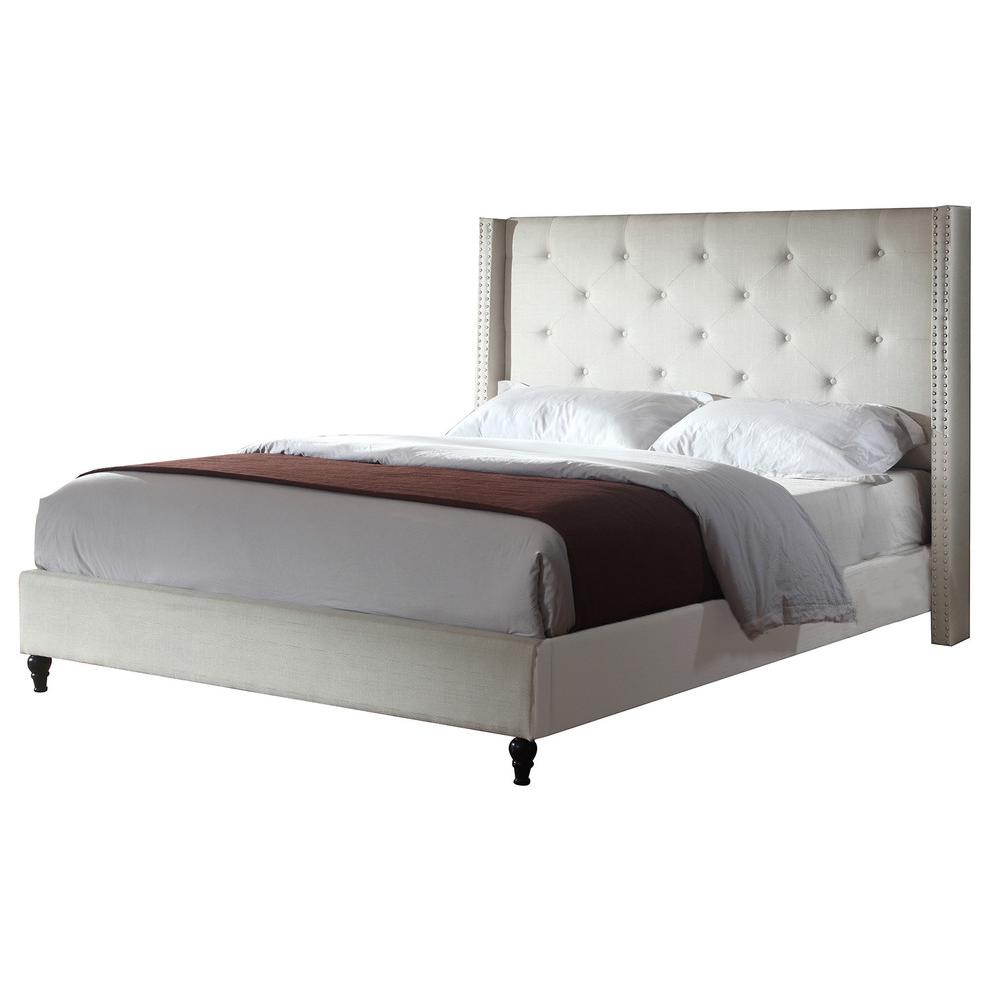 Beige upholstered wingback Queen platform bed with fabric, featuring a padded headboard and sleek design by Start2Finish.