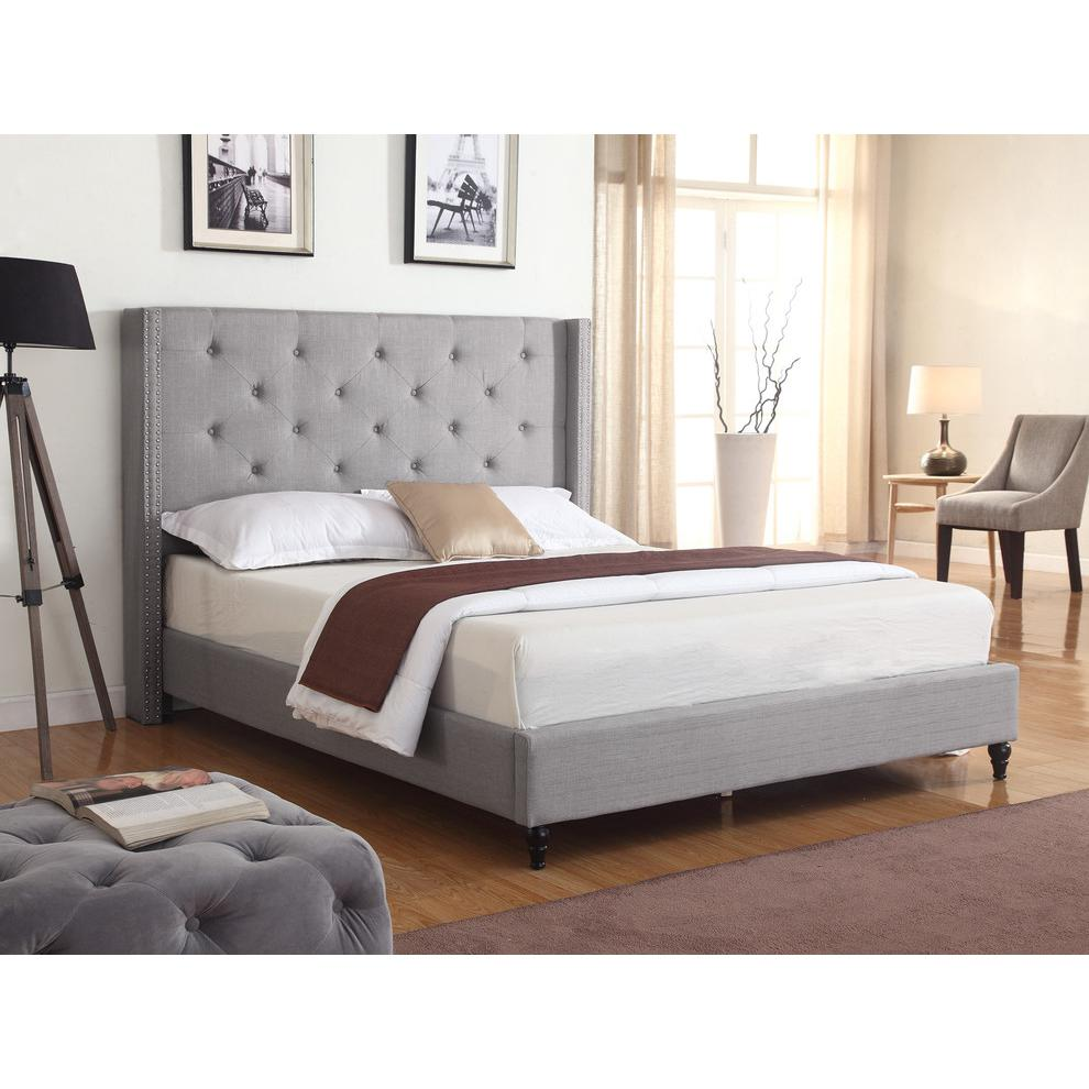 Gray upholstered wingback East King platform bed with fabric headboard and sturdy frame from Best Master Valentina by Start2Finish.