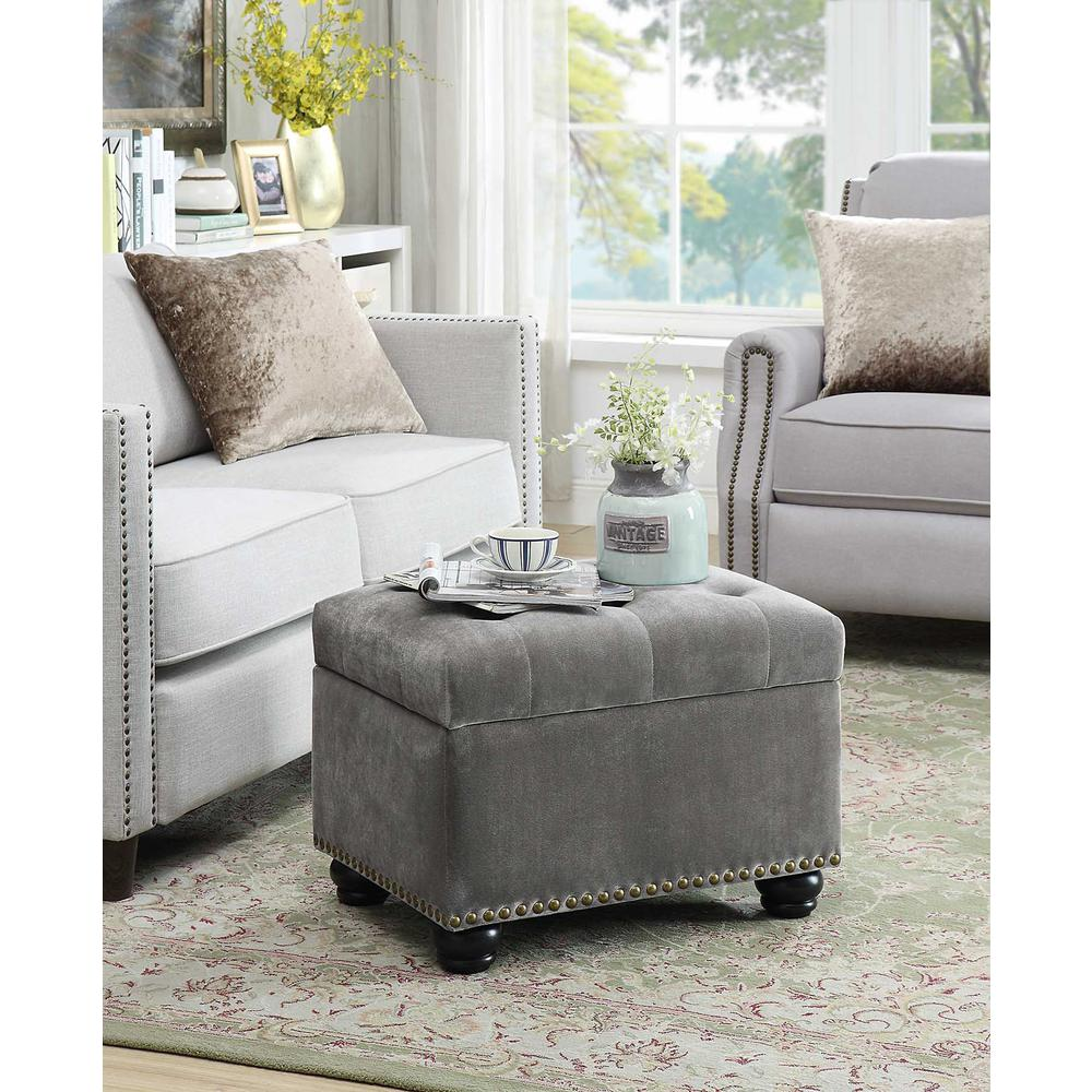 Start2Finish 5th Avenue Storage Ottoman in neutral fabric with tufted top and wooden legs, offering stylish seating and hidden storage.