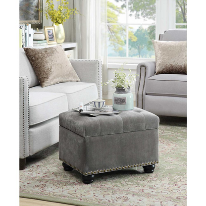 Start2Finish 5th Avenue Storage Ottoman in neutral fabric with tufted top and wooden legs, offering stylish seating and hidden storage.