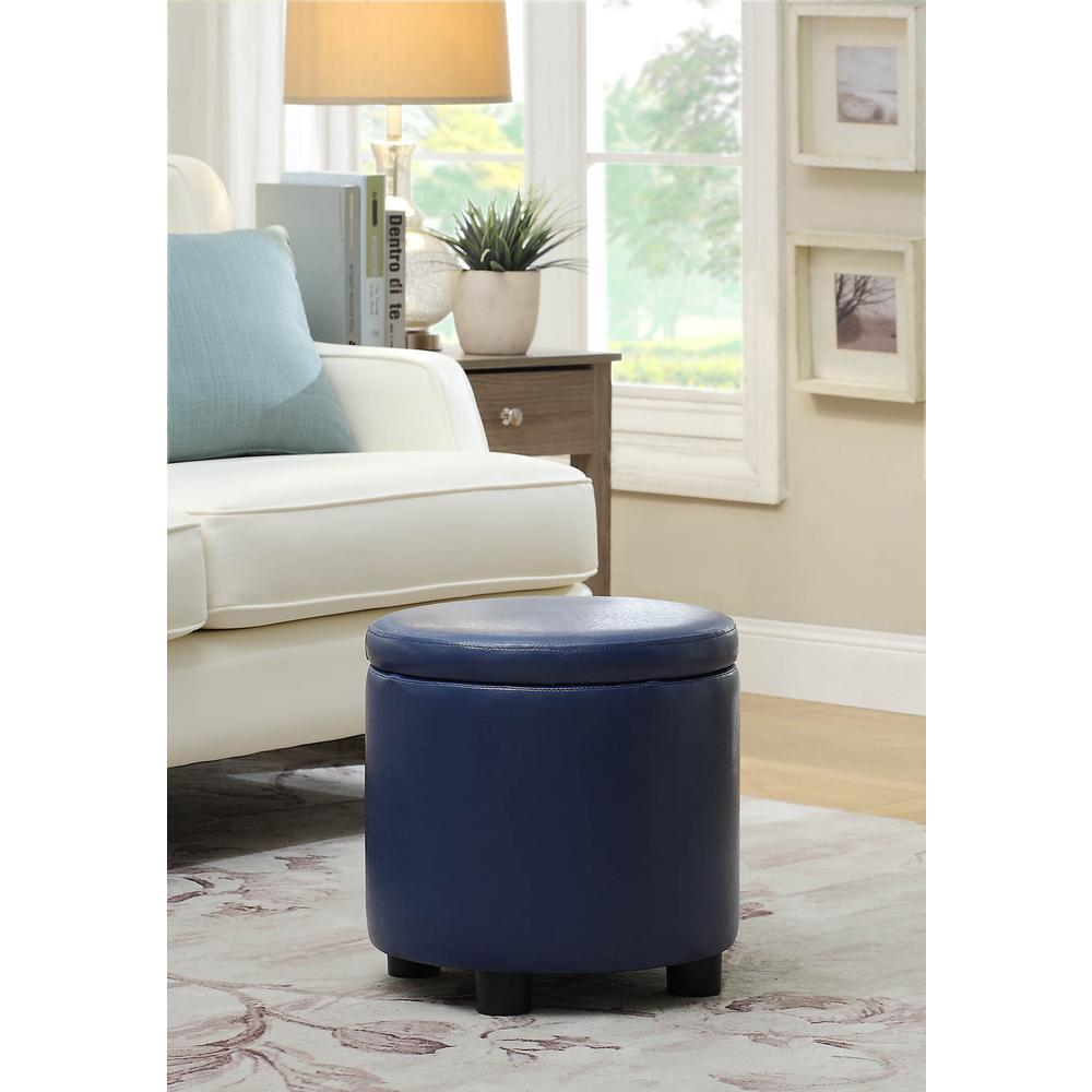 Start2Finish Designs 4 Comfort round accent storage ottoman with reversible tray lid, beige fabric with tufted top.