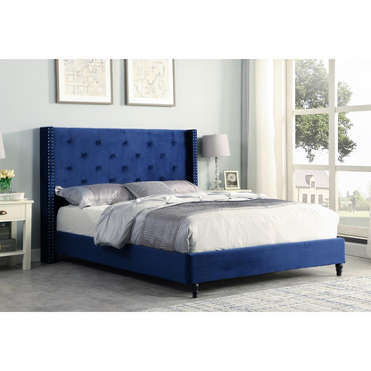 Blue velvet Valentina Wingback Platform King Bed by Start2Finish featuring plush upholstery and elegant wingback design.