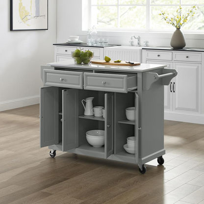 Full size stone top kitchen cart by Start2Finish with wood shelves and storage drawers, perfect for additional kitchen workspace.