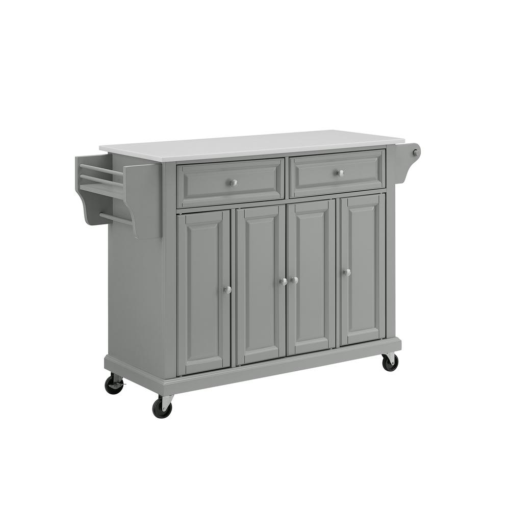Full size stone top kitchen cart by Start2Finish with wooden shelves and wheels, ideal for extra storage and prep space.