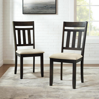 Pair of Start2Finish Hayden 2-Piece Slat Back Dining Chairs with wooden slat backs and cushioned seats, set for dining room use.