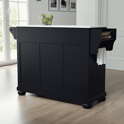 Start2Finish Alexandria stone top full-size kitchen island with storage and wheels, featuring a durable stone surface and wood cabinetry.