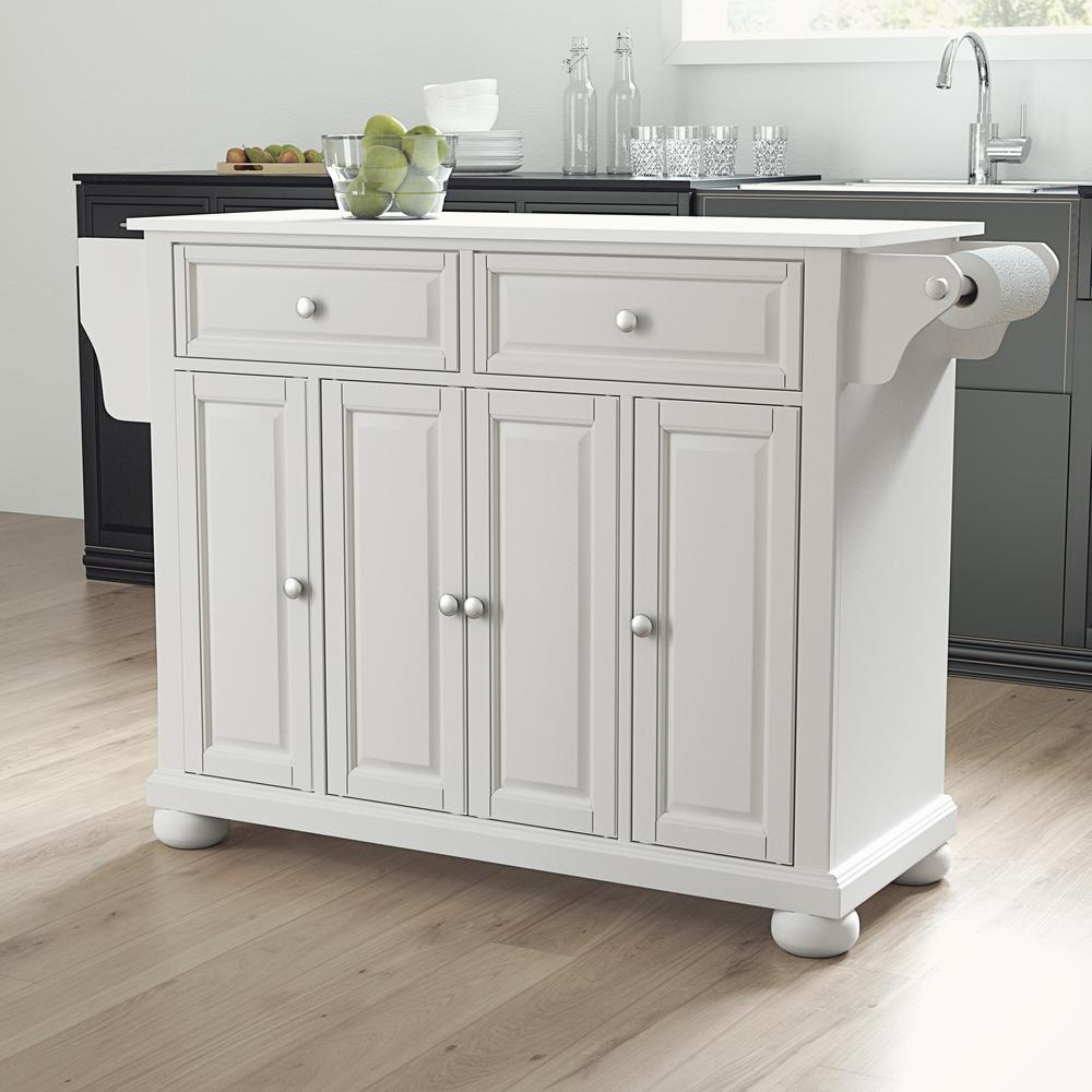 Start2Finish Alexandria stone-top full size kitchen island with storage and wheels, modern furniture for kitchen or dining area.