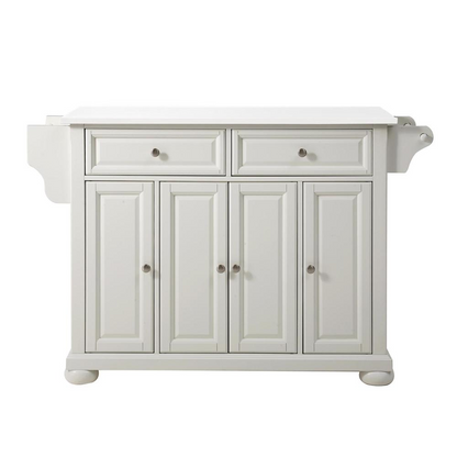 Start2Finish Alexandria stone top full-size kitchen island with storage and wheels, featuring a sturdy wooden frame and spacious surface.