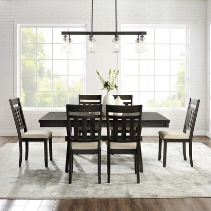 Hayden 7-piece dining table set by Start2Finish, includes table and six slat-back chairs in a modern wood finish.