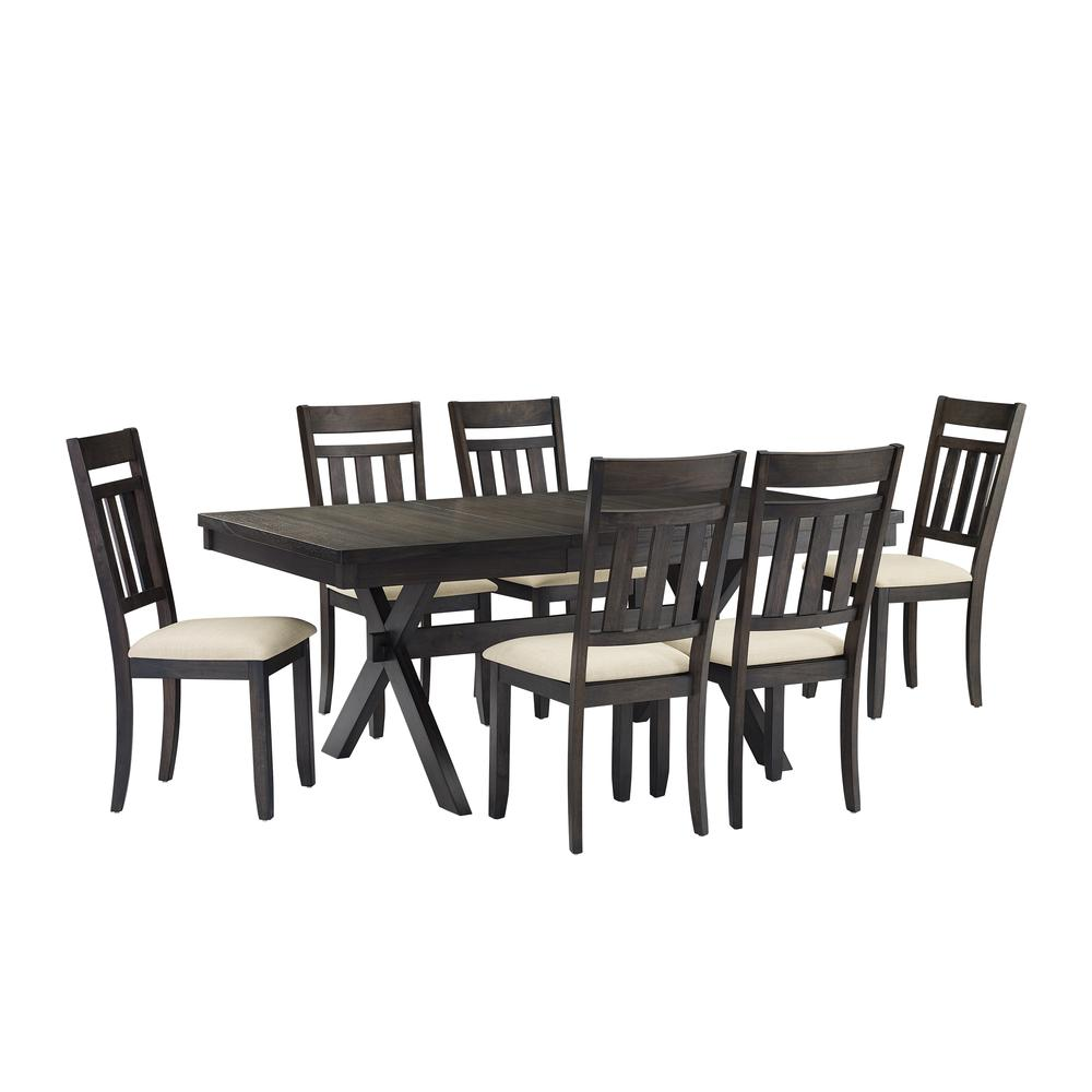 Hayden 7-piece dining table set with six slat back chairs by Start2Finish, showcasing a modern wood dining room furniture set.