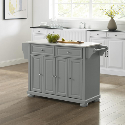 Start2Finish Alexandria stone top full-size kitchen island with storage and wheels, featuring a durable surface and modern design.