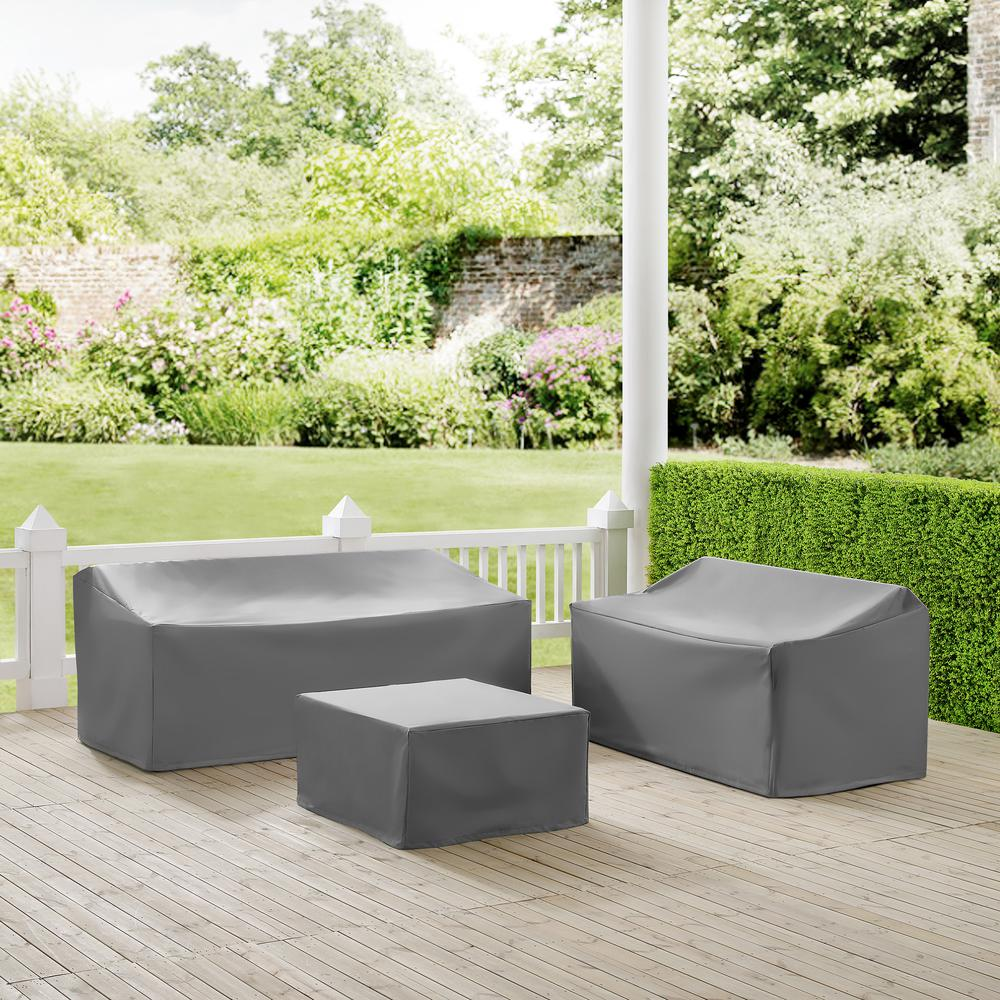 Start2Finish 3-piece outdoor furniture cover set with loveseat, sofa, and square table/ottoman shown on a patio.
