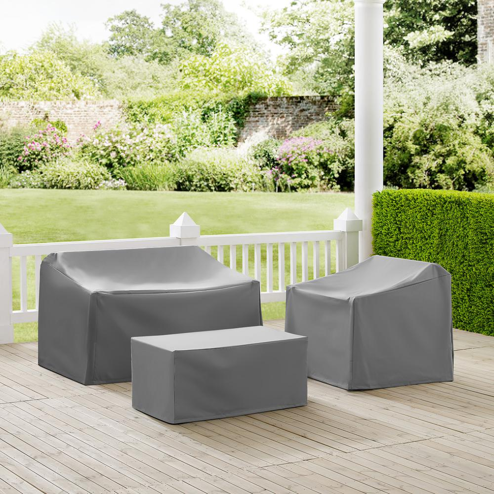 Start2Finish 3-piece outdoor furniture cover set for loveseat, chair, and coffee table, protecting garden and patio furniture.
