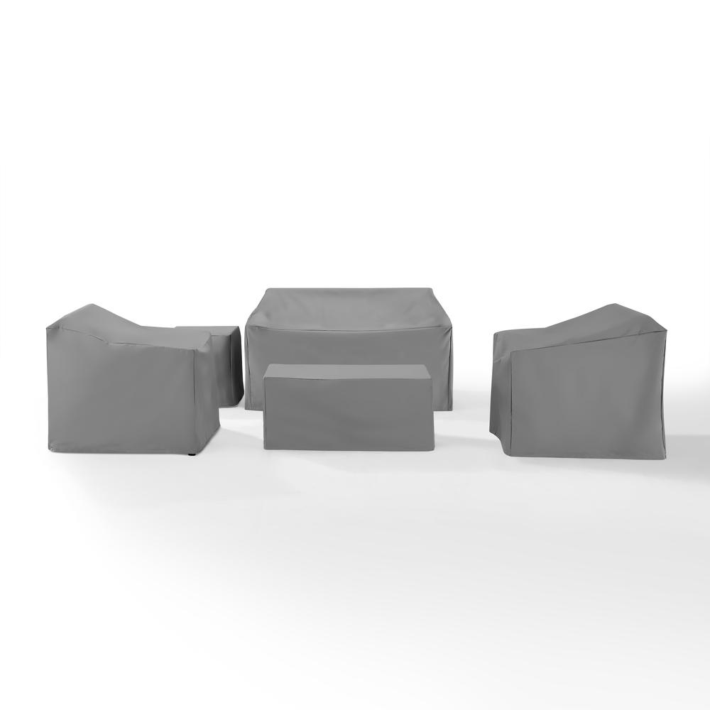 Start2Finish 5-piece outdoor furniture cover set with loveseat, two armchairs, end table, and table, protecting patio furniture.