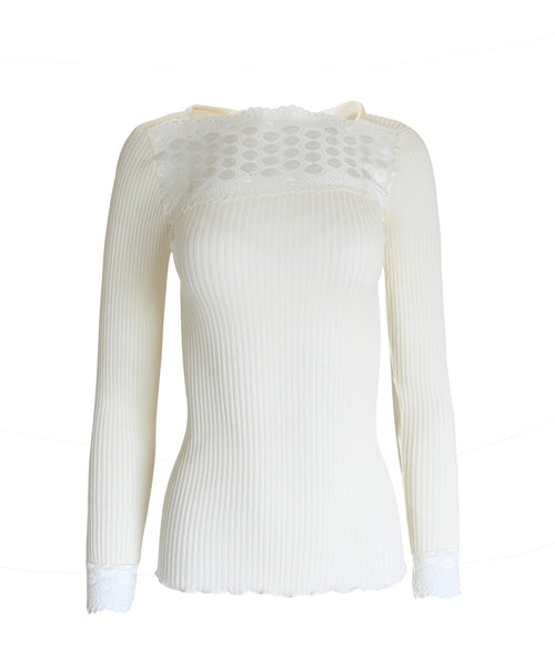 Byzantium Hemera EGI Exclusive Merino Wool Blend Top with lace trim, long sleeves, in white, stylish and cozy for women.