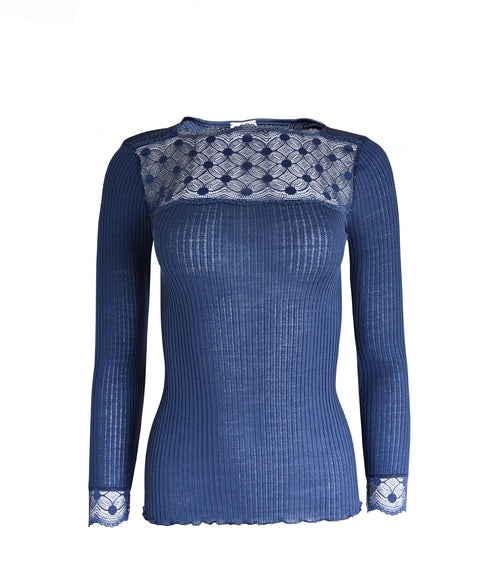 Byzantium Hemera EGI Exclusive Merino Wool Blend top with lace trim, long sleeves, in a rich blue color, stylish and cozy blouse.