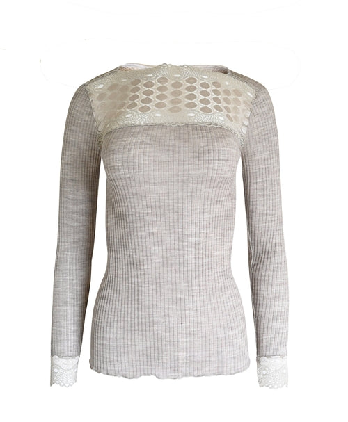 Byzantium Hemera EGI Exclusive Merino Wool Blend Top with lace trim, long sleeves, stylish blouse for elegant winter wear.